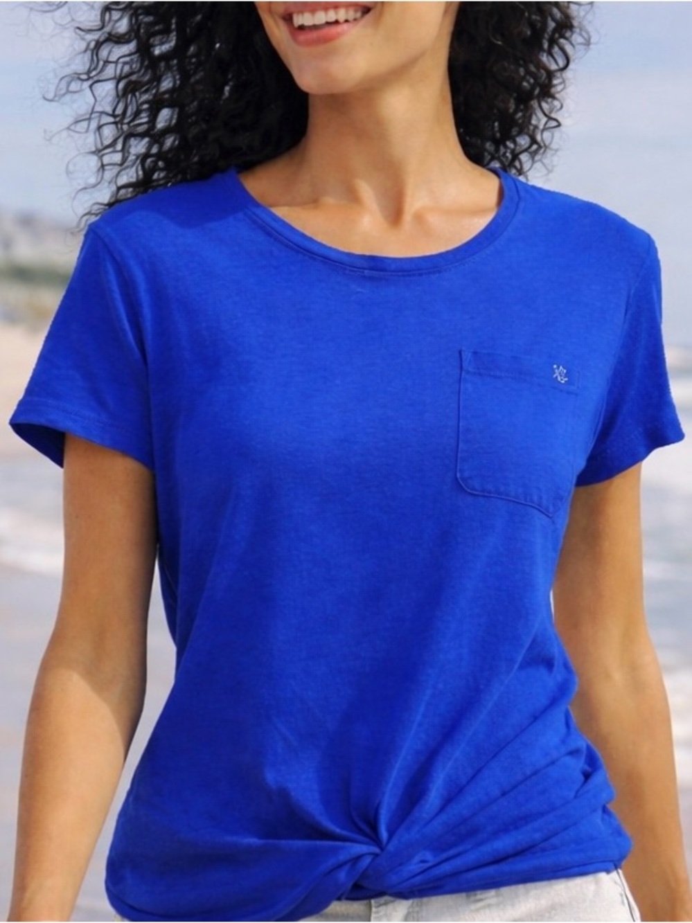 Lauren Ralph Lauren Daharlyn Twist Front Linen Blend Logo Tee Colby Blue Size L